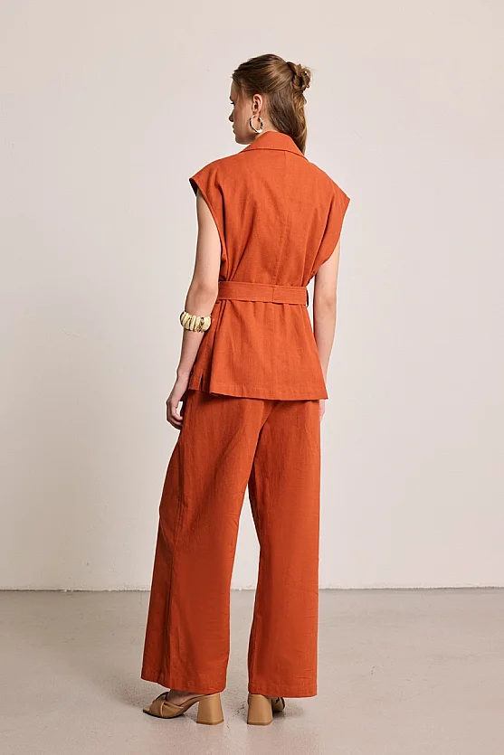 Belted Cotton Linen Vest - Brick - Gusto