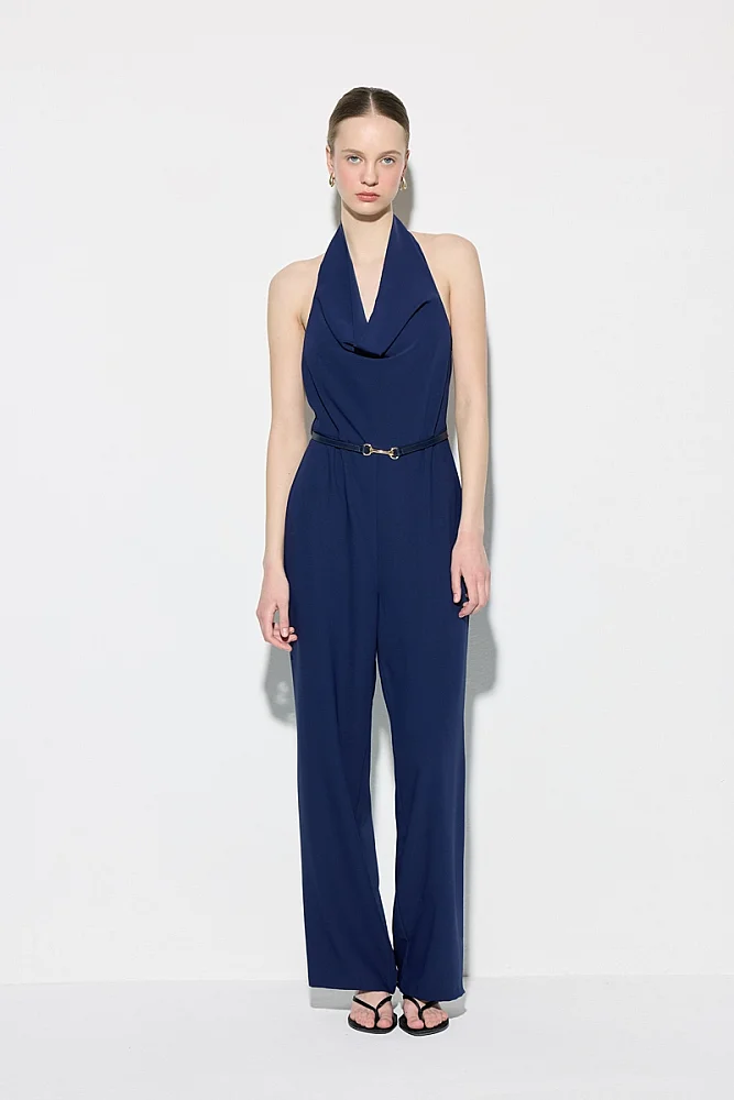 Belted Cowl Neck Evening Jumpsuit - Navy Blue Navy Blue