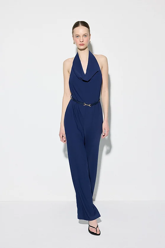 Belted Cowl Neck Evening Jumpsuit - Navy Blue - 3