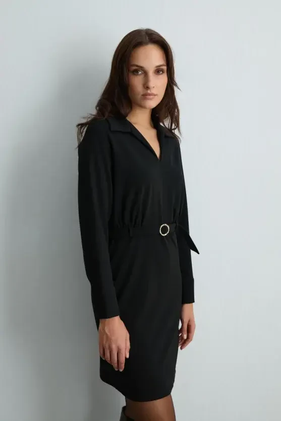 Belted Crepe Jersey Dress - Black - Gusto