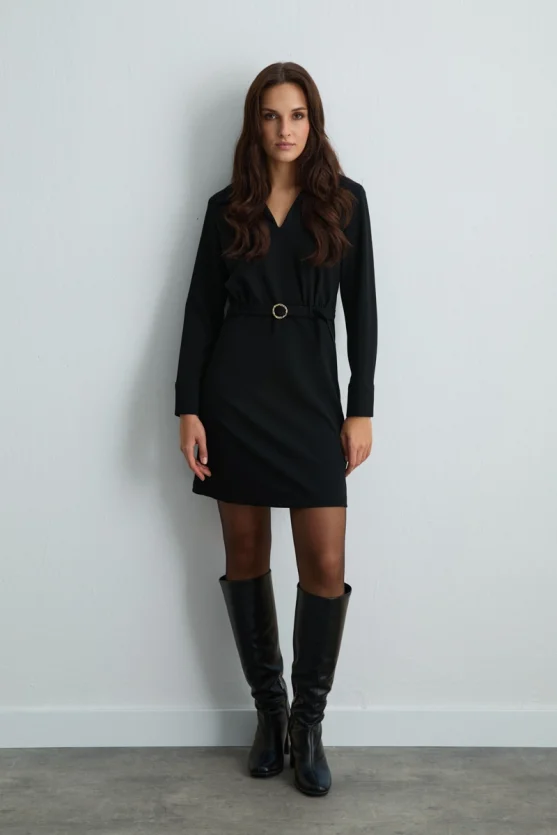 Belted Crepe Jersey Dress Black - 1