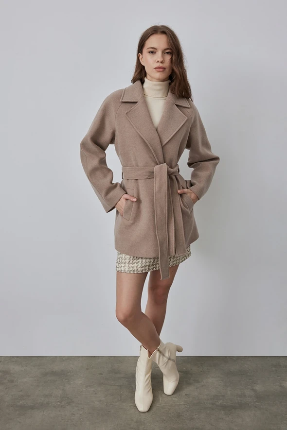 Belted Double Breasted Collar Cashmere Coat - Mink - 2