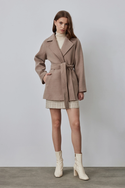 Belted Double Breasted Collar Cashmere Coat - Mink Mink