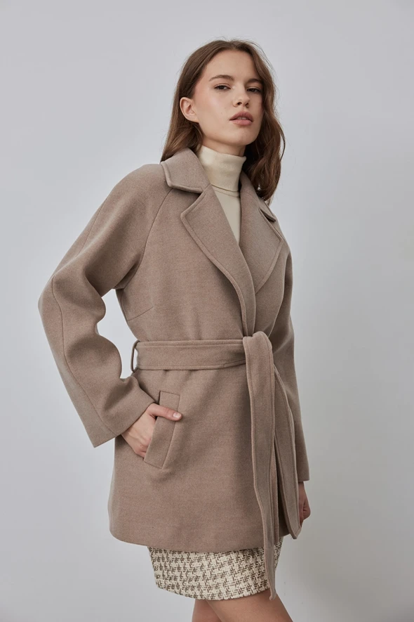 Belted Double Breasted Collar Cashmere Coat - Mink - 3