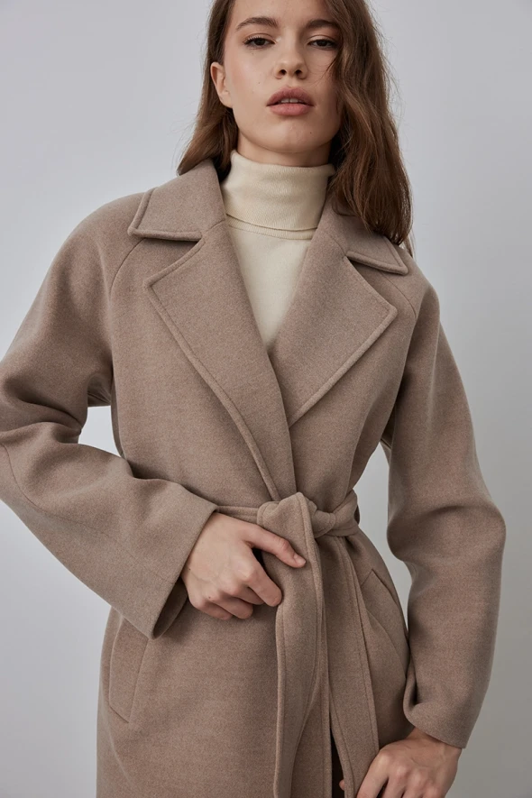 Belted Double Breasted Collar Cashmere Coat - Mink - 4