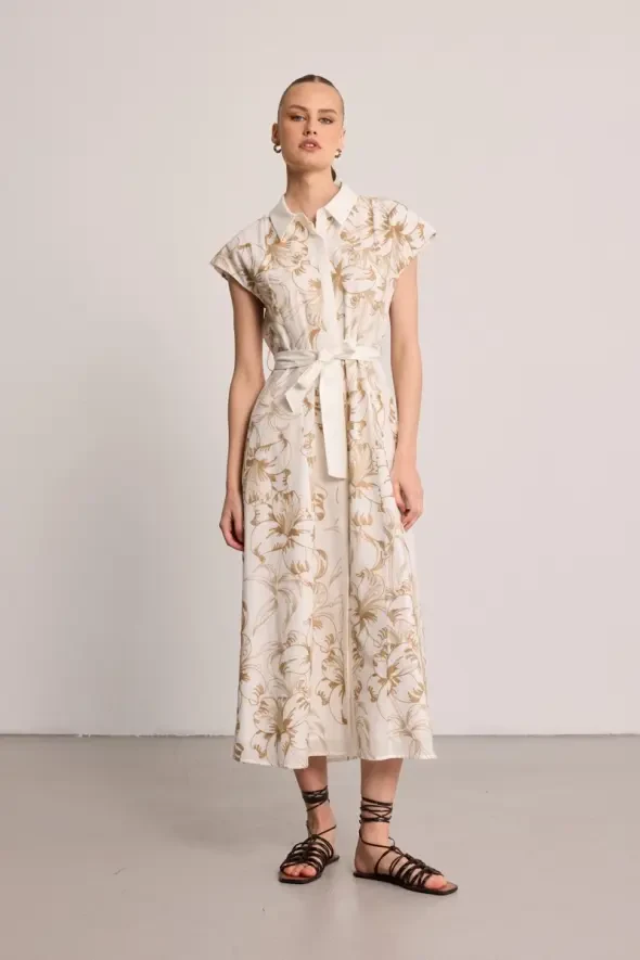 Belted Embroidered Long Lined Dress - Beige - Gusto
