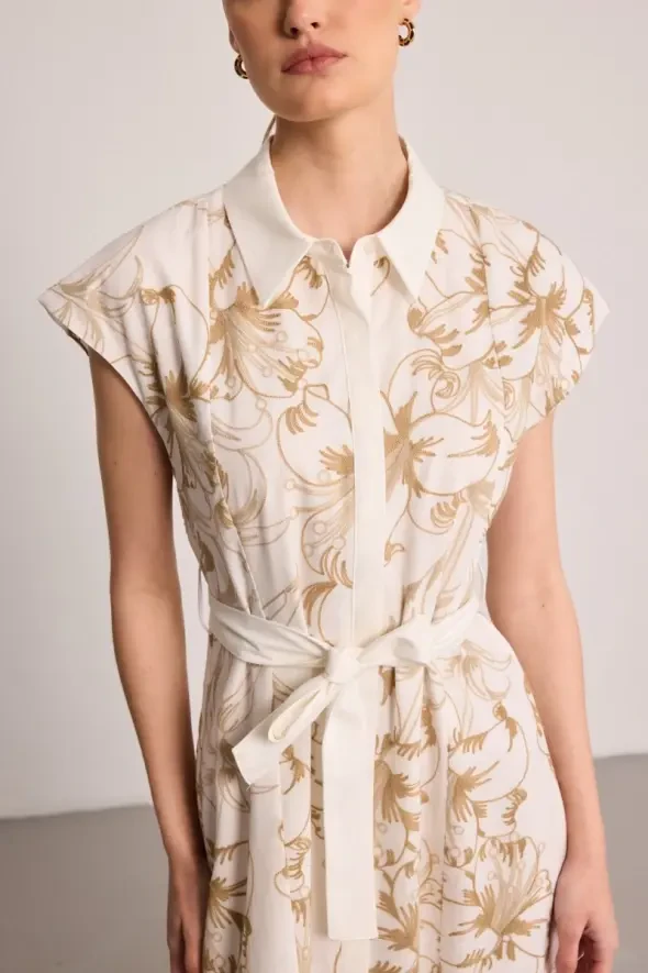 Belted Embroidered Long Lined Dress - Beige - Gusto