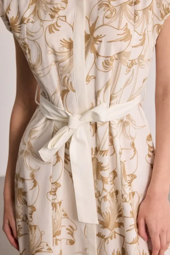 Belted Embroidered Long Lined Dress - Beige - Gusto