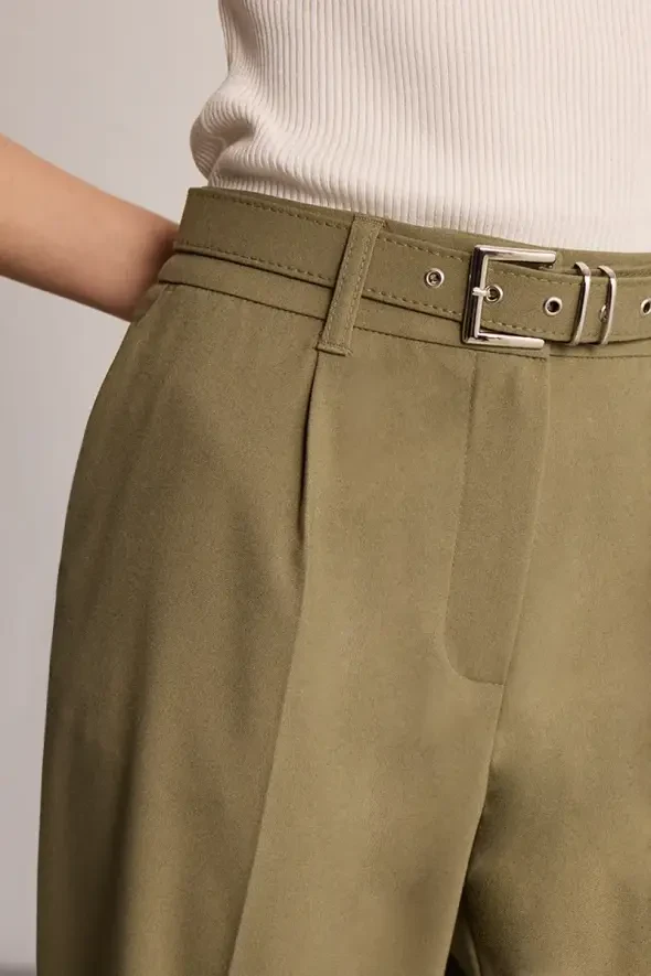 Belted Fabric Trousers - Khaki - 2