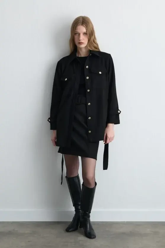 Belted Faux Suede Jacket - Black - Gusto