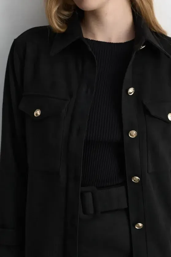 Belted Faux Suede Jacket - Black - Gusto