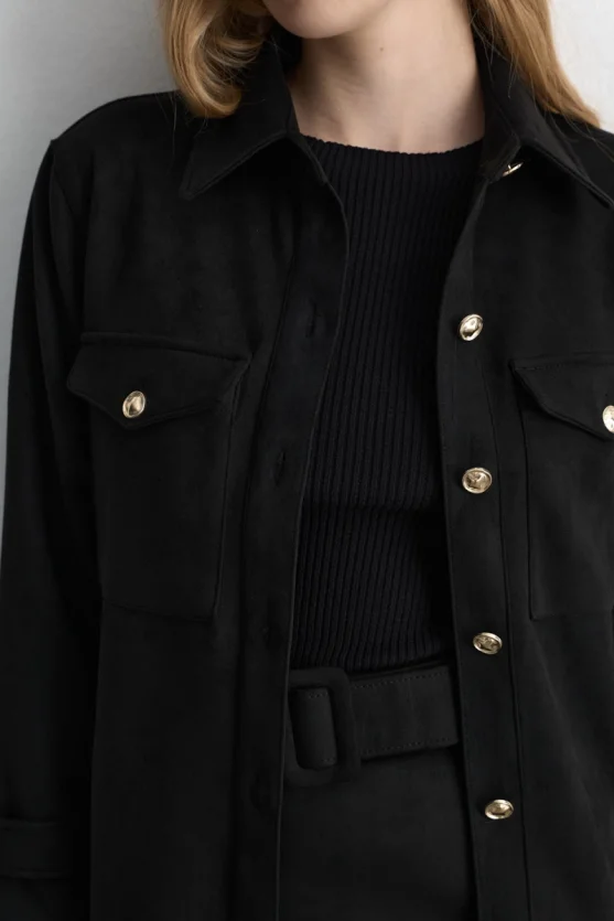 Belted Faux Suede Jacket Black - 5