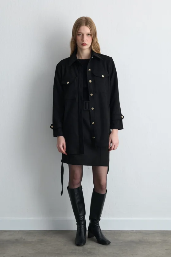 Belted Faux Suede Jacket Black - Gusto