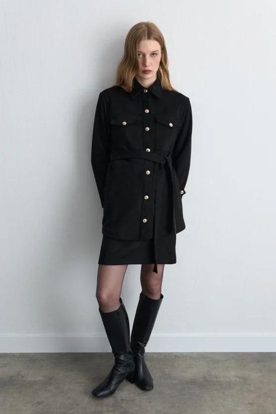 Belted Faux Suede Jacket Black - Gusto