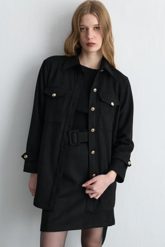 Belted Faux Suede Jacket Black - Gusto