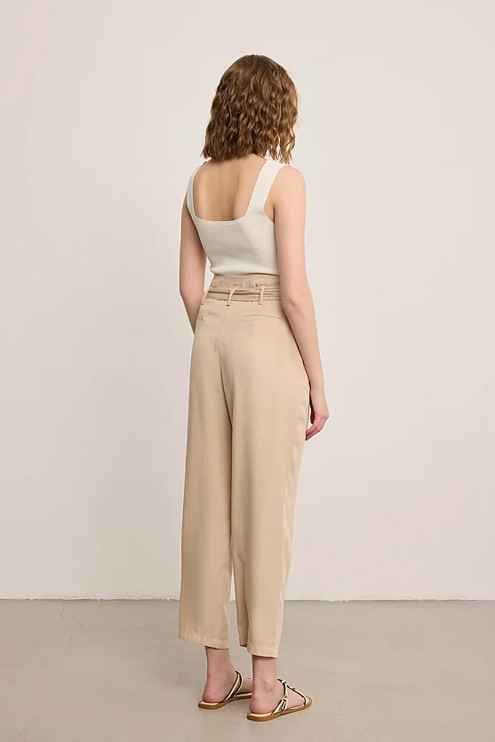 Belted High-Waisted Tencel Trousers - Beige - Gusto