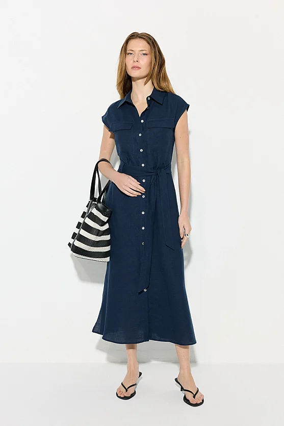 Belted Linen Shirt Dress - Navy Blue - Gusto