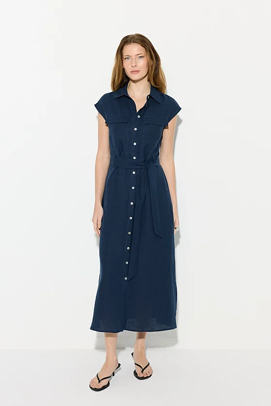 Belted Linen Shirt Dress - Navy Blue - Gusto