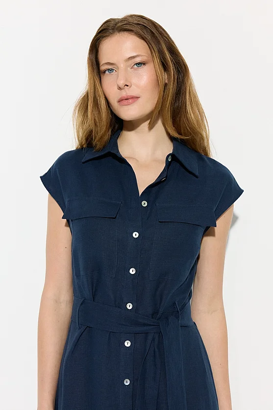 Belted Linen Shirt Dress - Navy Blue - Gusto