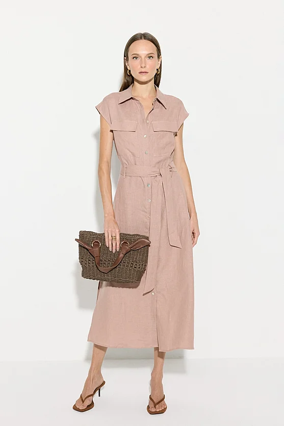 Belted Linen Shirt Dress - Powder Pink - Gusto