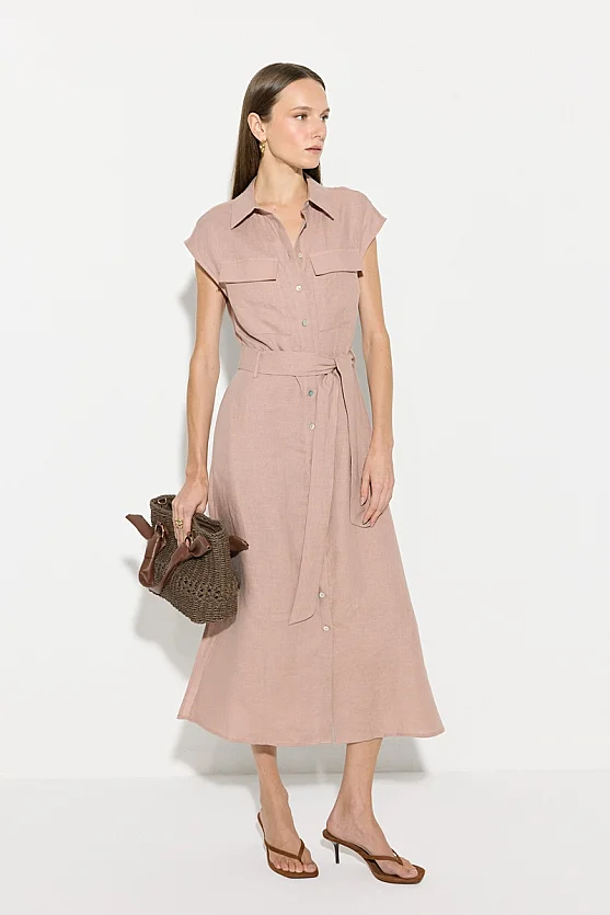 Belted Linen Shirt Dress - Powder Pink - Gusto