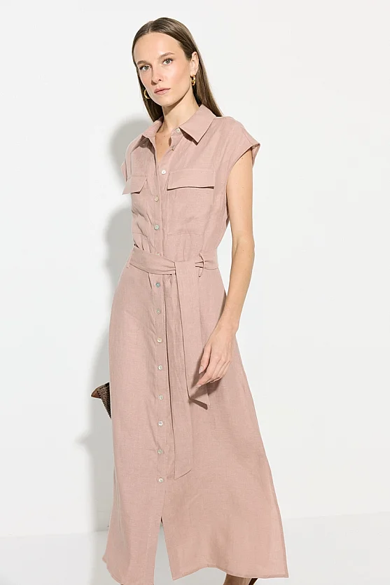 Belted Linen Shirt Dress - Powder Pink - Gusto