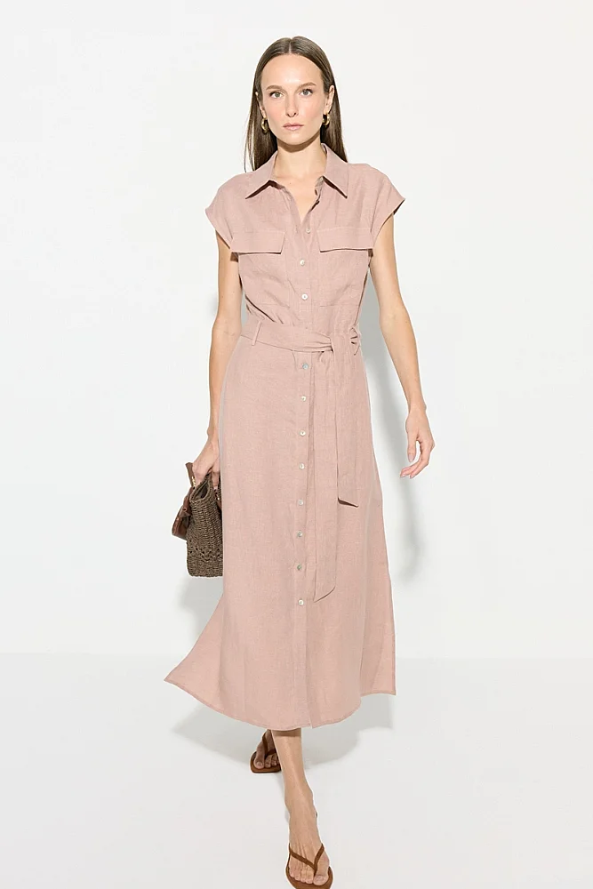 Belted Linen Shirt Dress - Powder Pink - Gusto