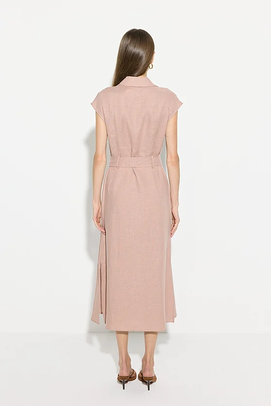 Belted Linen Shirt Dress - Powder Pink - 8