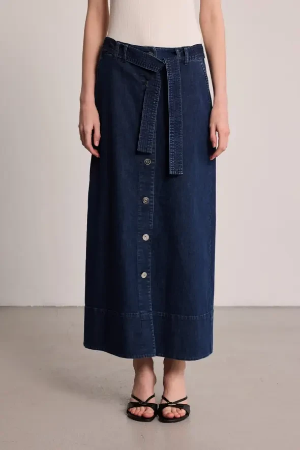 Belted Long Denim Skirt - Blue - 2