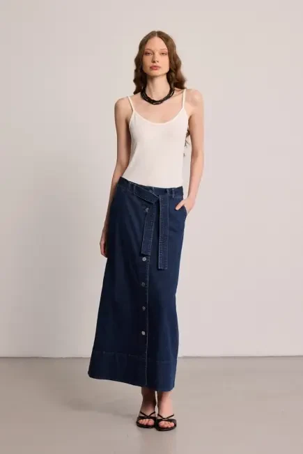 Belted Long Denim Skirt - Blue Blue