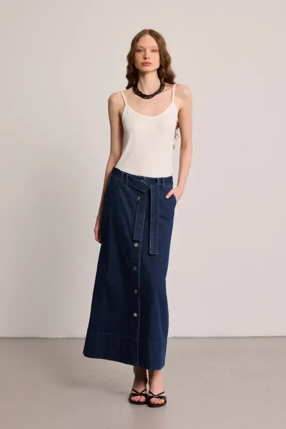 Belted Long Denim Skirt - Blue - 1