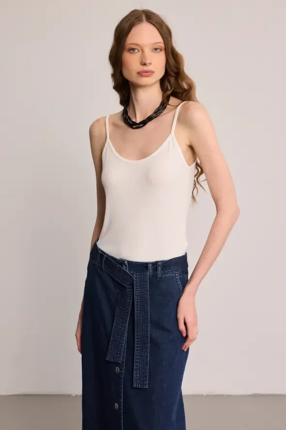 Belted Long Denim Skirt - Blue - 3