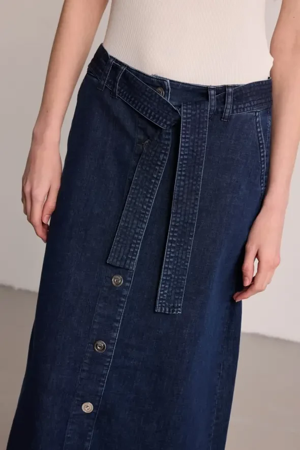 Belted Long Denim Skirt - Blue - 4