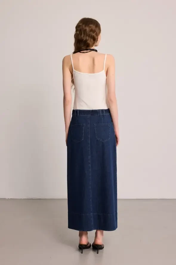 Belted Long Denim Skirt - Blue - 5