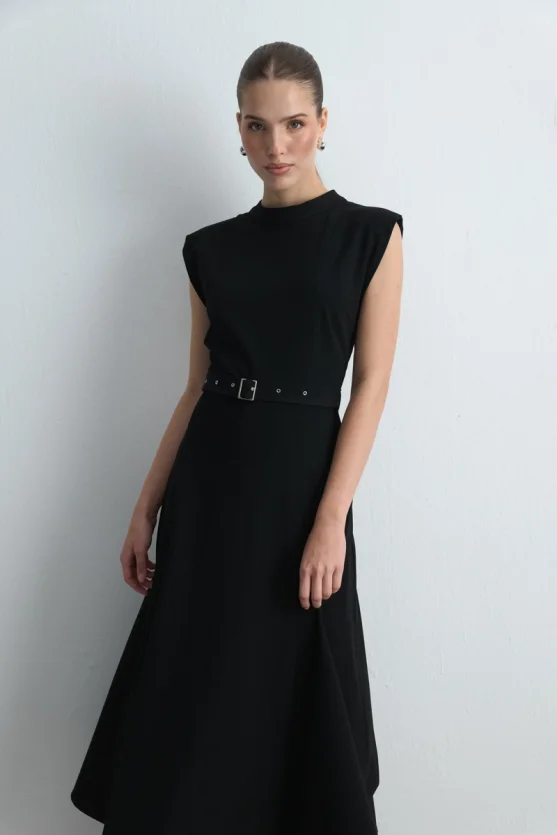 Belted Long Dress - Black - 2