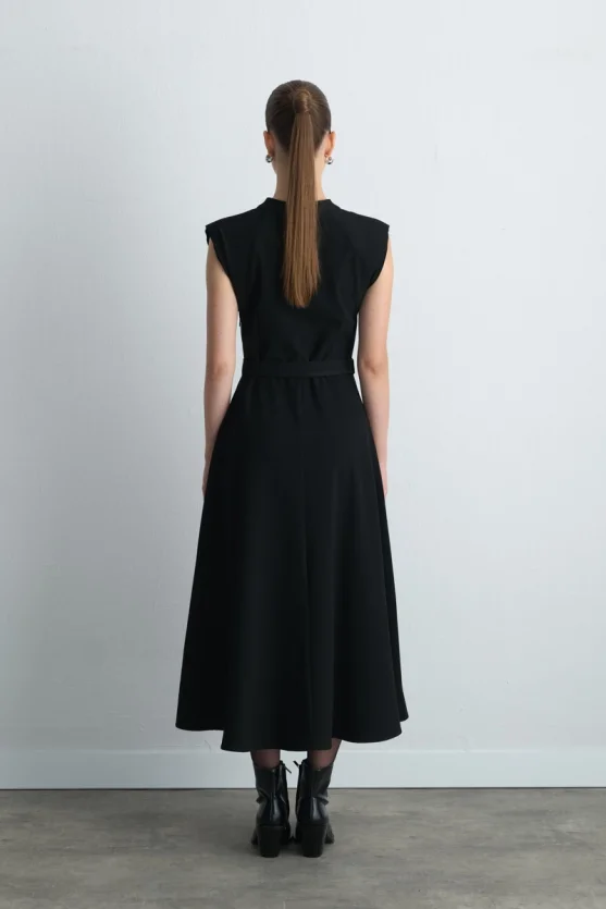 Belted Long Dress - Black - 10