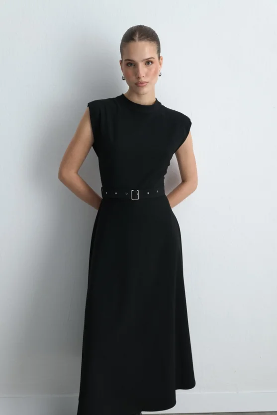 Belted Long Dress - Black - 5