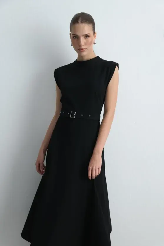 Belted Long Dress - Black - Gusto