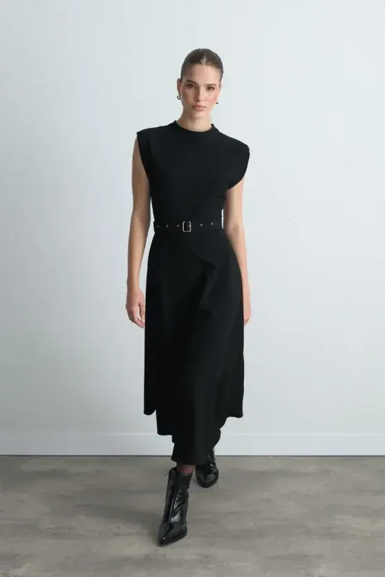 Belted Long Dress - Black - 3