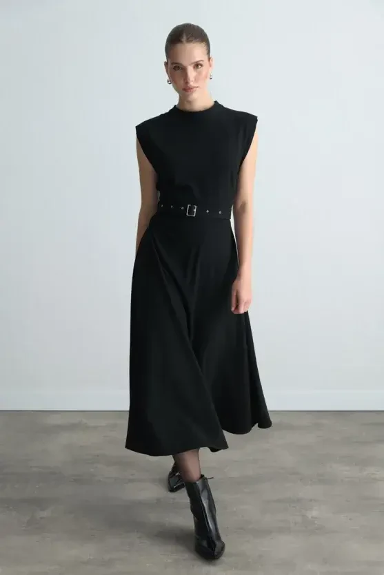Belted Long Dress - Black - Gusto