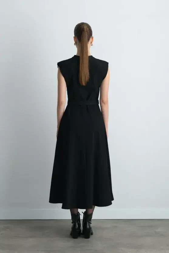 Belted Long Dress - Black - 10