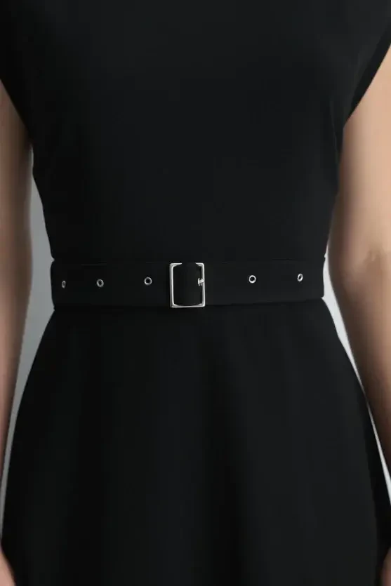 Belted Long Dress - Black - 7