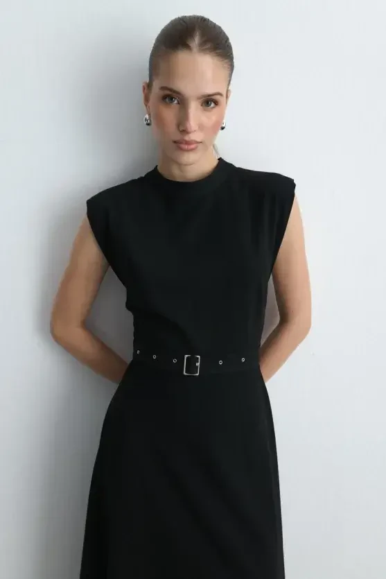 Belted Long Dress - Black - Gusto