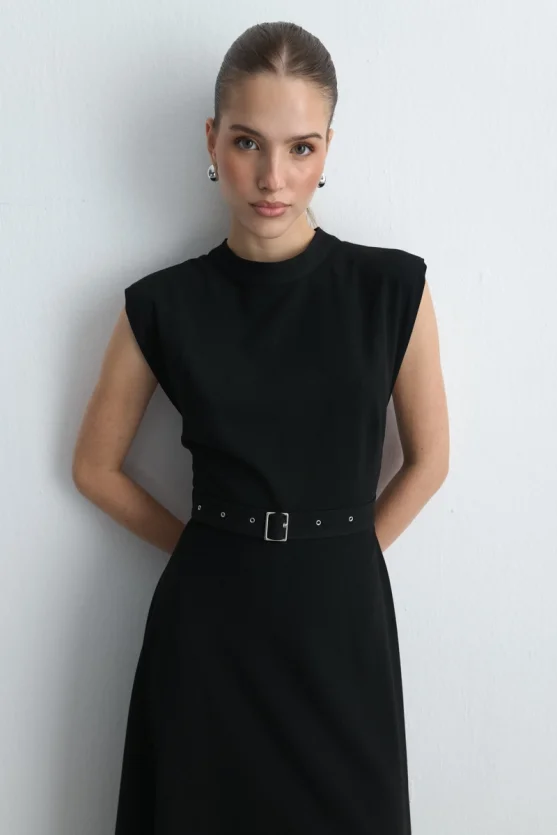 Belted Long Dress Black - Gusto