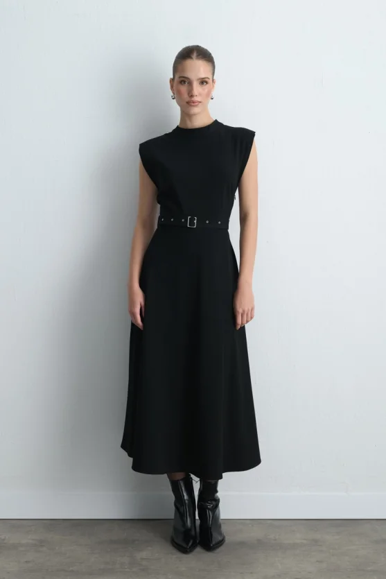 Belted Long Dress Black - Gusto