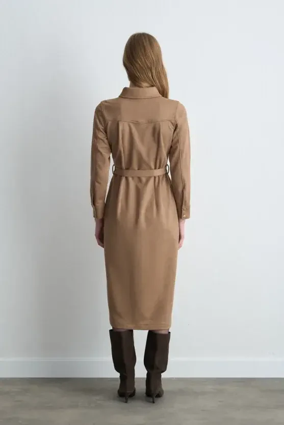 Belted Long Faux Suede Dress - Beige - 7