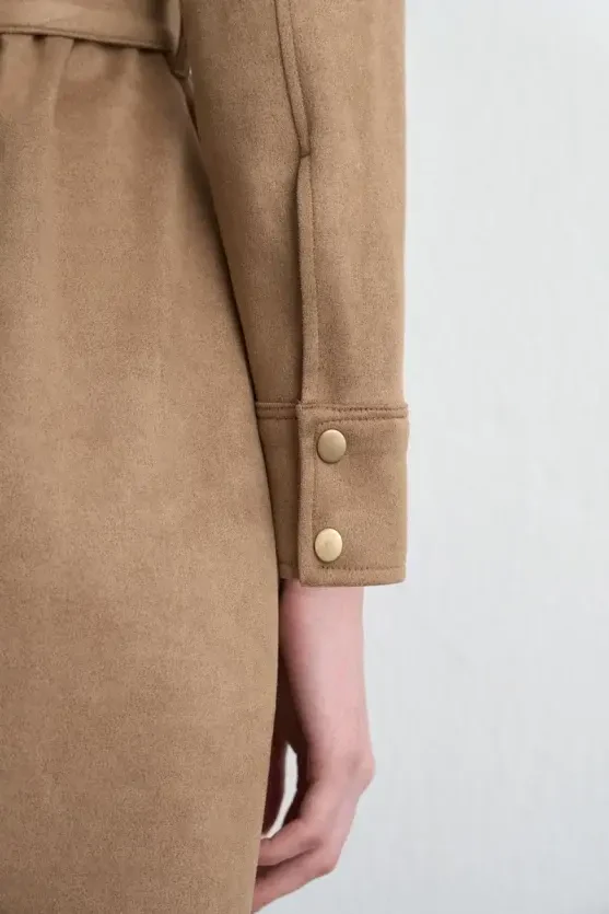 Belted Long Faux Suede Dress - Beige - Gusto