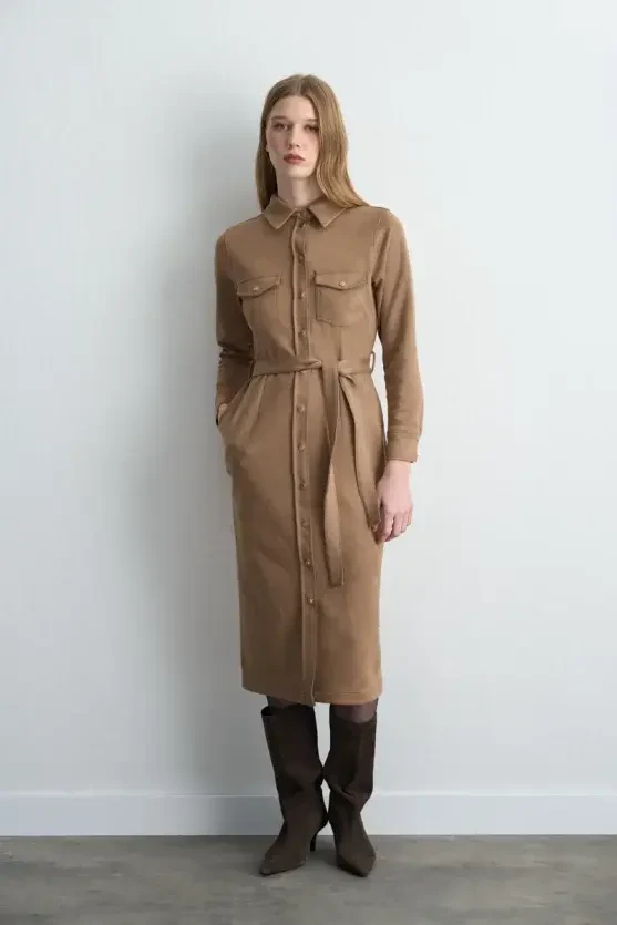 Belted Long Faux Suede Dress - Beige - 1