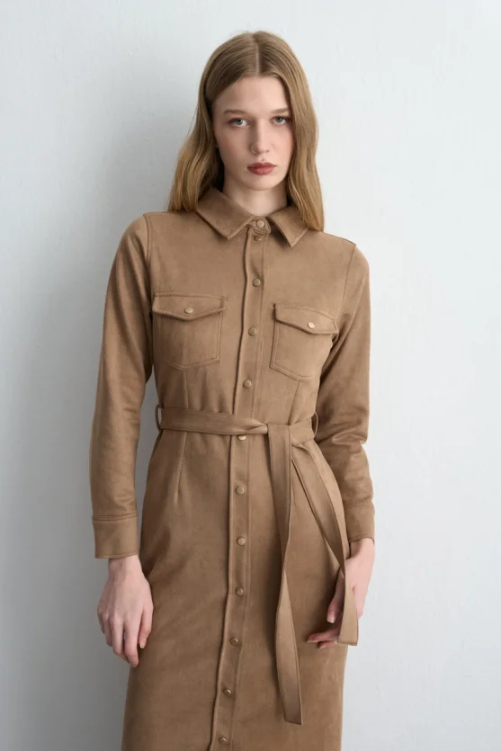 Belted Long Faux Suede Dress Beige - 2