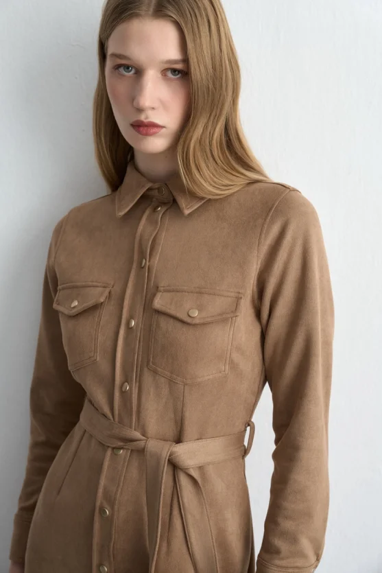 Belted Long Faux Suede Dress Beige - 3